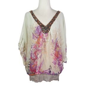 Vintage Y2K NY Collection Cream Floral Jewel Trim Batwing Top L